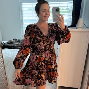 Pilcro Floral Corduroy Tiered Mini Dress - Black, Orange, Purple